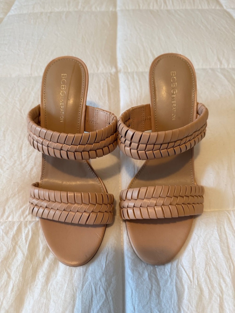 BCBGeneration Braided Double-Strap Slide Sandals in Nude Tan